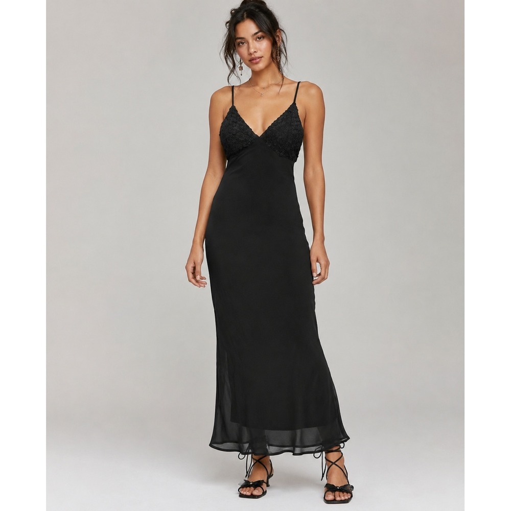 Black Slip Dress Fairycore Goth Romantic Maxi Dress Textured Floral Size L